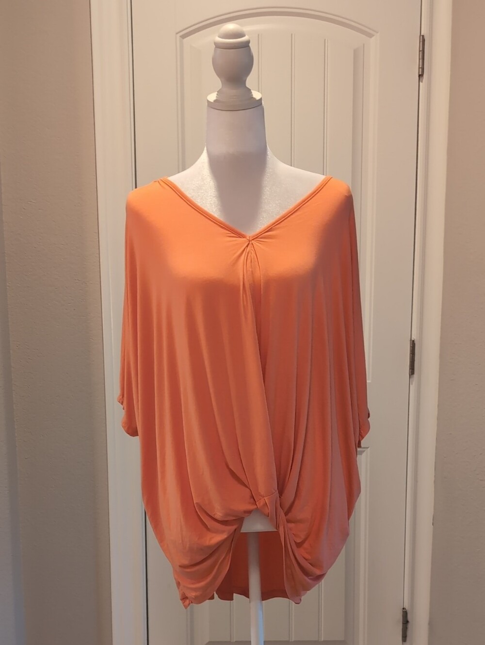 Umgee Coral-Orange V-Neck Knot-Front Draped Tunic